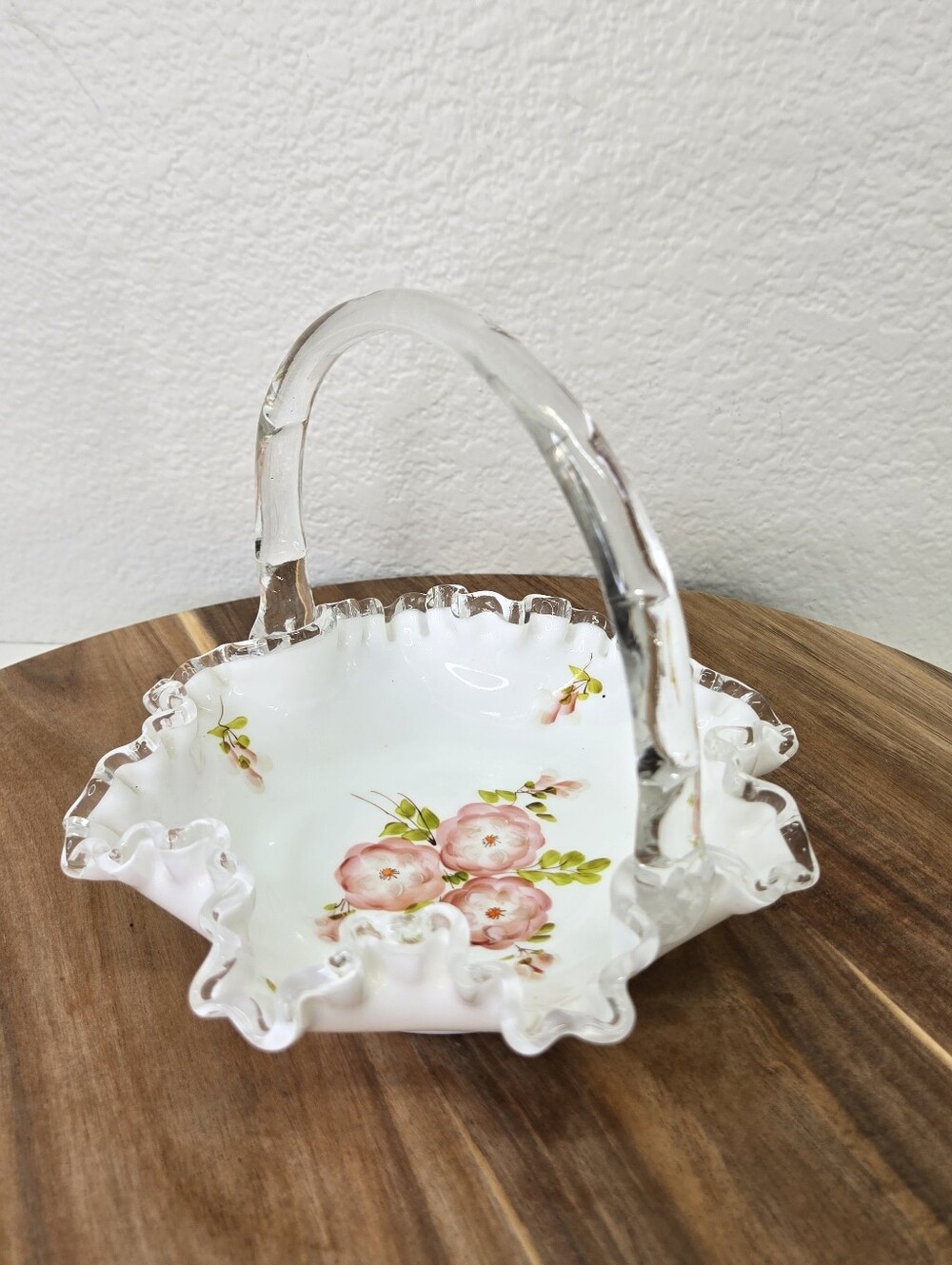 VTG Fenton Silver Crest Milk Glass Basket Hand Painted Pink Roses Crested Rim